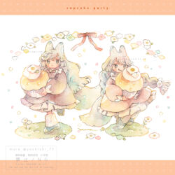  2girls :< :q animal_ears aqua_shoes blush_stickers braid brown_dress brown_ribbon closed_mouth commentary cupcake dress english_commentary english_text flower food fox_ears fox_girl fox_tail green_eyes grey_hair hair_flower hair_ornament holding holding_food long_hair long_sleeves multiple_girls mura_(yoshishi_ff) neck_ribbon original painting_(medium) puffy_long_sleeves puffy_sleeves red_ribbon ribbon shoes siblings sisters smile socks tail tareme tongue tongue_out traditional_media twin_braids twins very_long_hair watercolor_(medium) watermark white_flower white_socks 