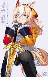  1girl animal_ears blonde_hair blue_eyes bluesky_logo bluesky_username commentary durandal_(chevalier_fidele)_(umamusume) durandal_(umamusume) ear_covers epaulettes highres holding holding_sword holding_weapon horse_ears horse_girl horse_tail instagram_logo instagram_username looking_at_viewer multicolored_hair parted_lips qr_code sayuasakura simple_background single_ear_cover solo streaked_hair sword tail twitter_username twitter_x_logo umamusume untranslatable_commentary weapon white_background white_hair 