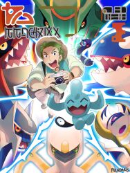  1boy ^_^ aqua_eyes aqua_shirt arceus artist_name belt black_sclera brown_belt brown_hat brown_pants brown_shoes camera closed_eyes colored_sclera commentary dialga english_commentary fake_text fuladarisdayotim green_hair green_sclera grodon hat highres holding holding_camera jacket kyogre lunala male_focus open_clothes open_jacket open_mouth outline pants pokemon pokemon_(anime) pokemon_horizons rayquaza red_pupils red_sclera sharp_teeth shirt shoes short_hair smile teeth terapagos terapagos_(normal) upper_teeth_only v-shaped_eyebrows violet_eyes watch watch white_eyes white_jacket white_outline wy-yes_(pokemon) wynaut yellow_eyes 