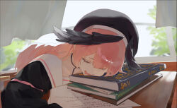  1girl a_shika beret black_hat black_shirt black_wings blue_archive body_markings book book_stack commentary curtains desk drooling feathered_wings gibberish_text halo hat head_rest head_wings indoors intentionally_missing_halo koharu_(blue_archive) long_hair missing_halo mouth_drool open_mouth paper pink_hair sailor_collar school_desk shirt sleeping solo twintails white_sailor_collar window wings 
