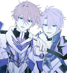  2boys antenna_hair armor artist_name black_choker black_shirt black_sweater blonde_hair blue_eyes cape chest_belt choker closed_mouth coat collarbone crossed_bangs fingernails fur-trimmed_jacket fur_trim gepard_landau grey_hair hair_between_eyes hand_on_another's_shoulder hand_up highres honkai:_star_rail honkai_(series) jacket long_sleeves looking_at_viewer male_focus multiple_boys neck_tattoo phainon_(honkai:_star_rail) sakae_0_0 shirt short_hair shoulder_armor simple_background smile spot_color sun_symbol sun_tattoo sweater tattoo turtleneck turtleneck_sweater upper_body v-shaped_eyebrows white_background white_coat white_jacket 