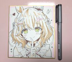  1girl animal_ears art_tools_in_frame aston_machan_(everlasting_candy)_(umamusume) aston_machan_(umamusume) brown_hair closed_mouth commentary_request ear_covers ear_ornament finger_to_mouth green-framed_eyewear hair_ornament hairclip heart horse_ears horse_girl korean_commentary looking_at_viewer marker marker_(medium) mauve portrait shikishi short_hair single_ear_cover smile solo traditional_media umamusume 