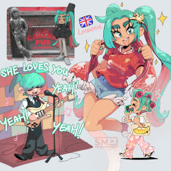  1girl alternate_costume aqua_eyes aqua_hair aqua_nails bag black_necktie black_pants black_vest blue_shorts collared_shirt commentary english_commentary full_body grey_background grey_pants grey_shoes guitar hatsune_miku highres holding holding_guitar holding_instrument holding_phone instrument instrument_case instrument_case_on_back liverpool microphone_stand multiple_views musical_note necktie open_mouth pants parted_bangs phone pink_pants red_shirt sami_briggs sandals shirt shoes shorts singing sparkle standing standing_on_one_leg statue tan the_beatles thick_eyebrows twintails union_jack vest vocaloid white_shirt yellow_bag yellow_submarine 