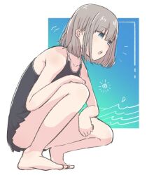  1girl bare_legs barefoot black_one-piece_swimsuit blue_eyes collarbone full_body grey_hair hand_on_own_knee idolmaster idolmaster_shiny_colors one-piece_swimsuit open_mouth school_swimsuit serizawa_asahi short_hair solo squatting swimsuit tairanoabokado 
