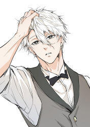  1boy blue_lock chuma_a_a closed_mouth commentary_request dress_shirt grey_eyes grey_vest hair_between_eyes hand_on_own_head highres male_focus nagi_seishirou neck_ribbon parted_lips ribbon shirt short_hair simple_background solo teeth upper_body vest white_background white_hair white_shirt 