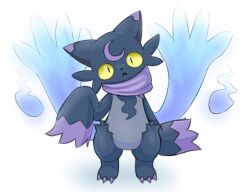 benomite black_fur blue_fire colored_sclera commentary_request crescent crescent_facial_mark facial_mark fire korean_commentary looking_at_viewer no_humans pal_(creature) palworld purple_fur simple_background slit_pupils solo two-tone_fur white_background wispaw yellow_sclera 