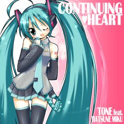  1girl 2000s_(style) ahoge aqua_eyes aqua_hair aqua_nails aqua_necktie arm_behind_back armpit_crease black_skirt black_sleeves black_thighhighs blush breasts collared_shirt continuing_heart_(vocaloid) contrapposto cowboy_shot detached_sleeves faux_retro_artstyle grey_shirt hatsune_miku headphones highres long_hair necktie negiwave2000 official_art one_eye_closed open_mouth shirt simple_background skirt sleeveless sleeveless_shirt small_breasts solo song_name thigh-highs twintails very_long_hair vocaloid 