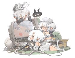 3girls ahoge bandaged_foot bandaged_leg bandages baseball_cap black_gloves bright_pupils cable cinder_(duet_night_abyss) computer_keyboard crop_top crt deformed dress duet_night_abyss fake_beard fake_facial_hair glasses gloves grey_eyes hat highres luno_(duet_night_abyss) lunosmith midriff multiple_girls official_art pointy_ears simple_background snow_(duet_night_abyss) tank_top transparent_background two-sided_gloves white_dress white_hair white_hat white_tank_top 