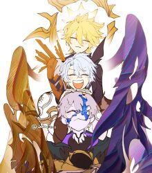  3boys :3 antenna_hair armor artist_name asymmetrical_wings black_bodysuit black_cape black_gloves blonde_hair blush bodysuit cape closed_eyes closed_mouth coat cracked_skin crossed_bangs fingerless_gloves gauntlets gloves grey_hair hair_between_eyes halo halo_behind_head hands_on_another's_head hands_up happy highres honkai:_star_rail honkai_(series) hood hooded_cape hug hug_from_behind long_hair_between_eyes long_sleeves male_focus multiple_boys multiple_persona open_mouth pale_skin pauldrons phainon_(flame_reaver)_(honkai:_star_rail) phainon_(honkai:_star_rail) phainon_(khaslana)_(honkai:_star_rail) sakae_0_0 short_hair shoulder_armor simple_background single_gauntlet single_glove single_pauldron smile sun_symbol teeth upper_body v-shaped_eyebrows white_background white_coat white_hair wings yellow_halo 