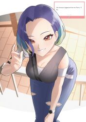  1girl absurdres armband bare_shoulders bent black_armband black_choker blue_hair bob_cut brown_eyes choker collarbone commentary_request crop_top denim gradient_hair grey_shirt grin highres jeans loose_hair_strand marshmallow_(site) multicolored_hair off-shoulder_shirt off_shoulder pants perrin_(pokemon) pokemon pokemon_scarlet_and_violet ribbed_shirt shirt short_hair sleeveless sleeveless_shirt smile solo undershirt uuuu_(freitag_nacht) v-neck watch watch 