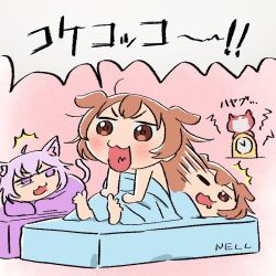  2girls :3 afterimage ahoge alarm_clock animal_ears blanket blush brown_eyes brown_hair cat_ears cat_girl cat_tail chibi chibi_only clock commentary_request dog_ears dog_girl drooling full_body hololive inugami_korone messy_hair morning mouth_drool multiple_girls nekomata_okayu nude on_bed one_eye_closed pink_background purple_hair shouting soles speech_bubble sukezou1295521 tail toes under_covers waking_up 
