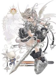  1girl angel_wings armor b0throps black_skirt boots breastplate cat choker gauntlets grey_hair hair_ornament highres holding holding_sword holding_weapon knight long_hair original shoulder_armor skirt spiked_armor spikes sword user_interface weapon white_background wings 