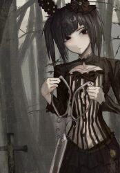  1girl bkn_ssss black_hair black_skirt bow chest_bow commentary_request cross forest grave hair_bow nature original pocket_watch red_eyes scissors skirt watch 