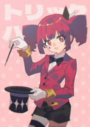  :3 black_bow black_bowtie black_ribbon black_shorts blazer blunt_bangs bow bowtie buttons collared_shirt drill_hair egh_(ssquan) facial_mark gloves hat heart heart_facial_mark highres holding holding_unworn_clothes holding_unworn_hat holding_wand jacket kasane_teto patterned_background pink_background red_eyes red_hair red_jacket ribbon shirt shorts song_name star_(symbol) synthesizer_v top_hat trick_heart_(synthesizer_v) twin_drills two-tone_ribbon unworn_hat unworn_headwear utau wand white_gloves white_ribbon white_shirt 