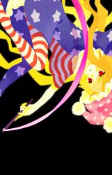  1girl absurdres american_flag american_flag_print american_flag_shirt black_background blonde_hair clownpiece commentary_request cunmin_(xhs_328274671) flag_print hat highres holding_ribbon_baton jester_cap long_hair neck_ruff pantyhose pink_hat polka_dot_hat print_shirt red_eyes shirt simple_background solo star_(symbol) star_print striped_clothes striped_pantyhose touhou upside-down 