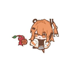  1girl a.i._voice adachi_rei chibi chibi_only chicken_(food) commentary_request food fried_chicken grey_skirt highres holding holding_food jacket kurusuke_(kurumi) open_clothes open_jacket orange_eyes orange_hair pikmin_(creature) pikmin_(series) simple_background skirt utau white_background white_jacket 
