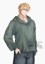  1boy black_pants blonde_hair closed_mouth dayu_00 genshin_impact green_hoodie grey_eyes hair_between_eyes highres hood hoodie long_hair long_sleeves male_focus pants scar scar_on_face scar_on_neck solo varka_(genshin_impact) 