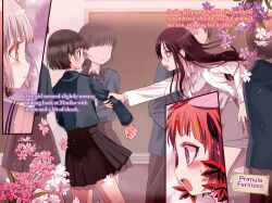  2boys 4girls black_hair black_skirt blazer blush flower fukuroi_marika grey_skirt hair_ornament highres himekawa_koyuki holding_another's_arm jacket lab_coat long_hair mahou_shoujo_ikusei_keikaku mahou_shoujo_ikusei_keikaku_episodes_phi mariko_fukuroi maruino multiple_boys multiple_girls novel_illustration official_art open_mouth pink_flower pleated_skirt purple_flower school_uniform shirt short_hair skirt snow_white_(mahoiku) spoilers third-party_source 