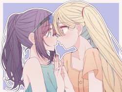  2girls absurdres black_hair blonde_hair blue_background border brown_eyes cho_kaguya-hime! commentary eye_contact eyewear_on_head green_eyes hair_between_eyes highres holding_hands interlocked_fingers kaguya_(cho_kaguya-hime!) kousaka_0v0 long_hair looking_at_another multiple_girls one-piece_swimsuit one_eye_covered orange_one-piece_swimsuit outline outside_border parted_lips ponytail pout sakayori_iroha swimsuit twintails upper_body white_border white_outline yuri 