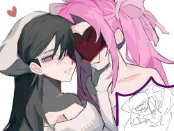  2girls alien_stage bandana black_hair bow commentary gloves grabbing_another's_face hair_bow hand_on_another's_face head_grab heart heart-shaped_pupils long_hair mizi_(alien_stage) mizi_(zombie_stage) multiple_girls multiple_hair_bows pink_bow pink_hair sua_(alien_stage) sua_(zombie_stage) symbol-shaped_pupils twintails violet_eyes white_bandana white_gloves y065093853387 yuri zombie_stage 