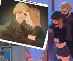  1boy 1girl absurdres black_gloves black_hat black_jacket black_mask black_shorts blonde_hair brown_hair character_name degrees_of_lewdity dolninayt7r gloves green_eyes hat highres jacket mask midriff mouth_mask multiple_views navel nina_(dolninayt7r) player_character_(degrees_of_lewdity) player_character_(female)_(degrees_of_lewdity) polaroid_photo short_hair shorts wren_(degrees_of_lewdity) wren_(male)_(degrees_of_lewdity) 