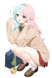  1girl :3 :d aqua_hair aqua_nails bag bag_charm black_eyes bow bowtie brown_shoes brown_sweater charm_(object) claw_pose collared_shirt dress_shirt fang fingernails food green_bow green_bowtie heart highres legs light_blush loafers long_fingernails long_hair long_sleeves looking_at_viewer miniskirt multicolored_hair nail_polish okawa_(okawa_r1) open_mouth original pink_hair pink_nails plaid_clothes plaid_skirt pleated_skirt pudding red_skirt revision school_bag school_uniform shirt shoes simple_background skirt smile socks solo split-color_hair squatting sweater translation_request two-tone_hair white_background white_shirt white_socks 