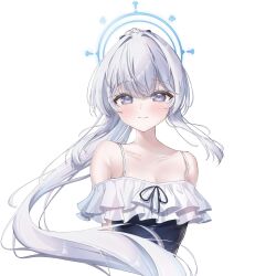  1girl blue_archive blue_halo blue_one-piece_swimsuit facing_viewer frilled_one-piece_swimsuit frills grey_eyes halo highres kuechiapin long_hair miyako_(blue_archive) miyako_(swimsuit)_(blue_archive) off-shoulder_one-piece_swimsuit off_shoulder official_alternate_costume one-piece_swimsuit ponytail portrait simple_background smile solo swimsuit two-tone_one-piece_swimsuit white_background 