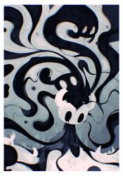  black_skin broken_mask cloak colored_skin cracked_mask full_body grey_cloak highres hollow_eyes hollow_knight horned_mask horns knight_(hollow_knight) mask multiple_others salamitown white_mask 