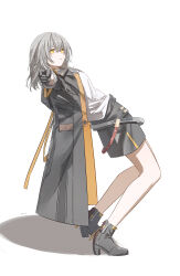  1girl absurdres black_boots black_coat black_gloves black_skirt boots bu_bai_(wres2744) chinese_commentary coat commentary_request full_body gloves grey_hair high_heels highres honkai:_star_rail honkai_(series) jojo_pose long_sleeves looking_at_viewer medium_hair navel open_clothes open_coat parted_lips shadow shirt simple_background skirt solo standing stelle_(honkai:_star_rail) trailblazer_(honkai:_star_rail) white_background white_shirt yellow_eyes 