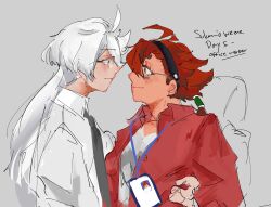  2girls aged_up black_hairband blue_eyes brchyura closed_mouth collared_shirt commentary contemporary english_commentary eye_contact glasses grey_background gundam gundam_suisei_no_majo hairband highres lanyard long_hair looking_at_another miorine_rembran multiple_girls red_shirt shirt simple_background smile suletta_mercury thick_eyebrows white_hair white_shirt yuri 