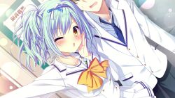  1boy 1girl :o badge black_pants blue_hair blue_necktie blue_shirt bow bowtie button_badge buttons collarbone da_capo da_capo_iv double-breasted dutch_angle faceless faceless_male game_asset hair_ornament hand_on_own_cheek hand_on_own_face highres hinohara_chiyoko indoors jacket lapels long_sleeves looking_at_viewer loose_necktie miniskirt necktie non-web_source official_art one_eye_closed open_collar open_mouth pants pleated_skirt sailor_collar school_uniform selfie serafuku shirt short_hair side-by-side side_ponytail skirt standing striped_clothes tanihara_natsuki tokisaka_ichito white_jacket white_shirt white_skirt yellow_bow yellow_bowtie yellow_eyes 