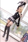  amane_misa blades blonde_hair boots cosplay death_note fishnet_stockings kipi-san photo thigh-highs torn_clothes twintails 