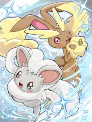  1girl black_eyes blue_background cinccino furry furry_female looking_at_viewer lopunny open_mouth pink_eyes pokemon pokemon_(creature) runachikku sparkle 