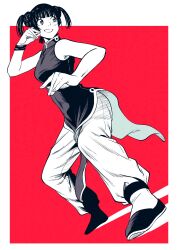  1girl breasts china_dress chinese_clothes commentary_request double_bun dress dutch_angle fighting_stance full_body greyscale_with_colored_background hair_bun hatching_(texture) highres lee_(dragon_garou) linear_hatching medium_breasts original pants pants_under_dress red_background solo twintails twintails_with_hair_base wristband 