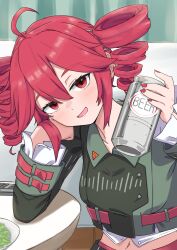  1girl ahoge alcohol beer_can blush_stickers breasts buttons can collared_jacket commentary_request concentrat0ray dot_nose double-breasted double-parted_bangs drill_hair drink_can green_jacket hair_between_eyes hand_rest highres holding holding_can indoors jacket kasane_teto kasane_teto_(voicepeak) long_sleeves looking_at_viewer medium_breasts midriff nail_polish navel open_mouth red_eyes red_hair red_nails red_trim shirt sitting sleeve_cuffs table twin_drills upper_body utau voicepeak waveform white_shirt wing_collar wooden_table zipper_pull_tab 