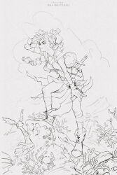  1girl artist_name bag bandaged_leg bandages bead_necklace beads belt blonde_hair body_markings boots breasts chrono_cross clouds cloudy_sky coral creature crop_top cropped_jacket dagger facial_mark full_body hair_ribbon holding holding_dagger holding_knife holding_weapon jacket jewelry kid_(chrono_cross) knife leg_up lineart long_hair looking_afar makushiro medium_breasts midriff miniskirt multi-tied_hair necklace outdoors palm_tree ponytail ribbon shading_eyes shirt short_sleeves shoulder_bag signature simple_background skirt sky smile solo steel-toe_boots tree weapon white_background white_shirt 