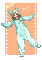  1girl absurdres aqua_eyes border braid braided_sidelocks commentary_request full_body highres hood korean_commentary looking_at_viewer onesie open_mouth orange_background orange_hair pajamas pointy_ears reikacatfish sidelocks sigrika_(wuthering_waves) smile solo standing standing_on_one_leg translation_request white_border wuthering_waves 