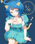  1girl animal_ears blue_dress blue_eyes blue_hair breasts cat_ears cat_tail cleavage dress flower frilled_dress frills hair_ornament hair_rings hair_stick hand_on_own_chest kaku_seiga large_breasts looking_at_viewer nail_polish senba21 smile solo tail touhou 