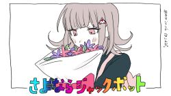  1girl backpack bag blush border bouquet brown_hair commentary_request danganronpa_(series) danganronpa_2:_goodbye_despair flipped_hair hair_ornament highres holding holding_bouquet hugging_object iyowa_(igusuri_please)_(style) looking_at_object looking_down lyrics medium_hair nanami_chiaki parody pink_eyes sayonara_jackpot_(vocaloid) simple_background so_zo_sh1teru solo song_name translation_request upper_body white_background 