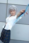  bra cosplay fan itsuka school_uniform silver_hair tagme_character tagme_series unbuttoned 