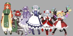  +_+ 6+girls absurdres angelicobituary animal_ears apron arm_behind_back bat_ears bat_girl bat_tail bat_wings black_boots black_bow black_capelet black_dress black_eyes black_leggings black_sash black_shoes black_vest blonde_hair blue_boots blue_bow blue_bowtie blue_dress blue_eyes blue_hair blunt_bangs boots bow bowtie braid braided_sidelocks brooch capelet cat_ears cat_girl cat_tail china_dress chinese_clothes closed_mouth collar commentary corset crescent crescent_hair_ornament crystal_wings curtained_hair demon_girl demon_tail demon_wings dragon_ears dragon_girl dragon_print dragon_tail dress embellished_costume embodiment_of_scarlet_devil english_commentary expressionless fang fangs flandre_scarlet floating_clothes floating_hair footwear_bow frilled_capelet frilled_collar frilled_dress frilled_pants frilled_wrist_cuffs frills glasses gold_trim green_bow green_hat grey_background grey_hair grin hair_bow hair_intakes hair_ornament hat hat_bow hat_ornament head_wings highres holding holding_another's_tail holding_knife hong_meiling izayoi_sakuya jewelry juliet_sleeves kemonomimi_mode knife koakuma layered_dress leggings long_hair long_sidelocks long_sleeves looking_at_viewer low-tied_sidelocks maid_headdress medium_hair mob_cap multicolored_dress multiple_girls neck_ribbon obi one_side_up open_mouth orange_hair pants patchouli_knowledge pink_bow pointy_ears puffy_long_sleeves puffy_short_sleeves puffy_sleeves purple-framed_eyewear purple_dress purple_hair purple_hat purple_shoes purple_socks reaching reaching_towards_viewer red_bow red_bowtie red_dress red_eyes red_hair red_ribbon red_shoes red_trim red_wrist_cuffs remilia_scarlet ribbon sash shirt shoes short_hair short_sleeves side_slit sidelocks simple_background smile smirk socks split_mouth star_(symbol) star_hat_ornament striped_clothes striped_socks swept_bangs tail touhou twin_braids v-shaped_eyebrows very_long_hair vest violet_eyes white_bow white_collar white_dress white_hat white_pants white_shirt white_socks white_trim white_wrist_cuffs wings wrist_cuffs 