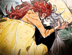 2girls blush bracelet closed_eyes commentary cuddling grey_hair gundam gundam_suisei_no_majo jewelry long_hair looking_at_another miorine_rembran multiple_girls orange_shirt parted_lips red_hair shirt sleeping smile suletta_mercury tima under_covers yuri 