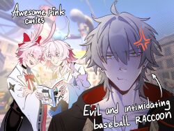  1boy 2girls ahoge anger_vein animal_ears arrow_(symbol) black_choker black_jacket black_skirt blue_eyes blue_jacket blue_skirt blue_sky blurry blurry_background blush book bow bowtie bright_pupils building buttons caelus_(honkai:_star_rail) caelus_(vim_and_vigor)_(honkai:_star_rail) chinese_clothes choker closed_mouth clothes_around_waist collarbone collared_shirt day english_commentary english_text evanescia_(honkai:_star_rail) flower flower_ornament fox_ears fox_girl grumpy hair_bow hand_up hands_up highres holding holding_book honkai:_star_rail honkai_(series) hood hooded_jacket in-universe_location jacket lips long_sleeves looking_at_another looking_at_object looking_down looking_up march_7th_(honkai:_star_rail) march_7th_(preservation)_(honkai:_star_rail) multicolored_eyes multiple_girls official_alternate_costume open_book open_clothes open_jacket open_mouth outdoors pink_hair pivkamne planarcadia_(honkai:_star_rail) pleated_skirt puffy_long_sleeves puffy_sleeves reading red_bow red_bowtie red_jacket ribbon-trimmed_sleeves ribbon_trim shirt sidelocks skirt sky smile standing tangzhuang teeth tongue topknot trailblazer_(honkai:_star_rail) two-sided_fabric two-sided_jacket upper_body v-shaped_eyebrows violet_eyes white_flower white_jacket white_pupils white_shirt wide_sleeves window yellow_eyes 