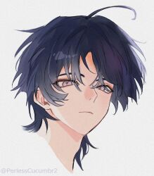  1boy adam's_apple ahoge bishounen black_hair closed_mouth cropped_head expressionless eyeliner genshin_impact highres looking_at_viewer makeup male_focus perlesscucumbr2 red_eyeliner scaramouche_(genshin_impact) solo tsurime twitter_username violet_eyes white_background wispy_bangs 