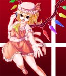  1girl ascot blonde_hair fang fingernails flandre_scarlet hat hat_ribbon kiyukisuke leg_up looking_at_viewer mary_janes mob_cap open_hand open_mouth outstretched_arm raised_hand red_background red_eyes ribbon sash shoes short_hair short_sleeves side_ponytail skirt skirt_set solo striped striped_background touhou wings 