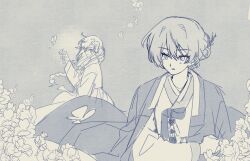  2girls blush bug butterfly commentary_request earrings flower green_juice0 greyscale haori highres japanese_clothes jewelry kimono long_hair monochrome multiple_girls parted_lips saijo_claudine shoujo_kageki_revue_starlight stud_earrings tendo_maya 