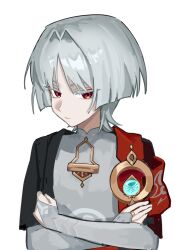  1boy alternate_color alternate_eye_color alternate_hair_color anemo_symbol_(genshin_impact) armor black_kimono black_sleeves blue_gem blunt_ends bodysuit bridal_gauntlets cape closed_mouth colored_eyelashes crossed_arms gem genshin_impact gold gold_ring hair_intakes hand_on_own_arm highres inverted_colors japanese_armor japanese_clothes kimono kote kurokun1025 looking_at_viewer male_focus mandarin_collar middle_ring portrait red_cape red_eyes scaramouche_(genshin_impact) short_sleeves side_cape solo vision_(genshin_impact) wanderer_(genshin_impact) white_background white_bodysuit white_bridal_gauntlets white_eyelashes white_hair wispy_bangs 