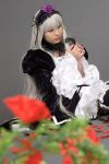  cosplay feathers kneehighs rose_petals roses rozen_maiden ruffles silver_hair suigintou suzukaze_yuuki 