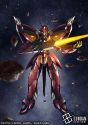  asteroid beam_rifle commentary_request copyright_logo copyright_name copyright_notice energy_gun energy_sword green_eyes gun gundam gundam_age gundam_card_game hi-go! holding holding_energy_gun holding_gun holding_sword holding_weapon logo mecha mobile_suit no_humans official_art robot science_fiction solo space sword v-fin weapon zeydra 