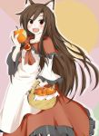  1girl animal_ears apple basket blush brooch brown_hair dress food fruit highres imaizumi_kagerou jewelry kuroi-neko long_hair long_sleeves open_mouth red_eyes smile solo touhou wide_sleeves wolf_ears 